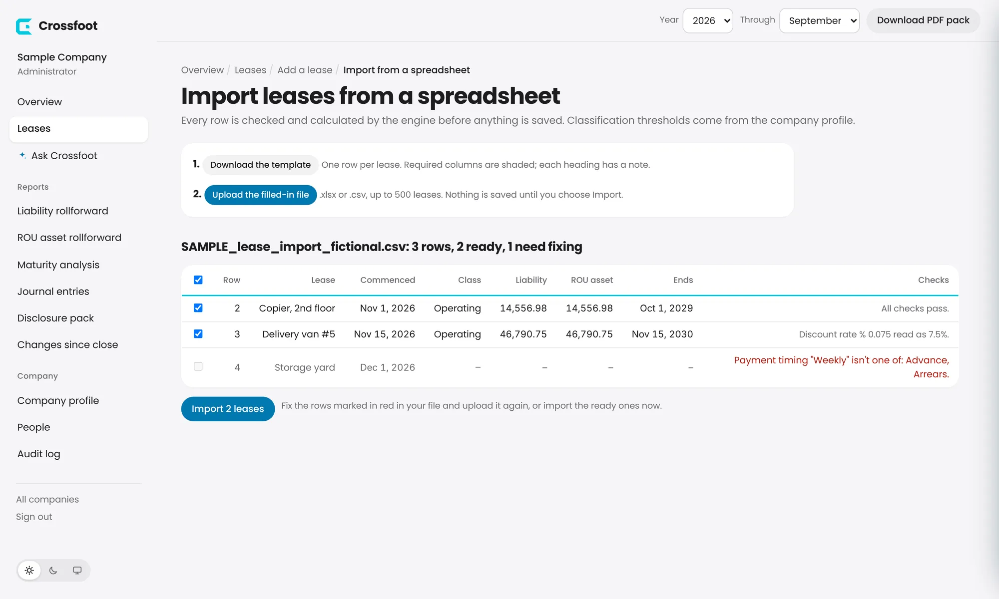 A preview of the import: two rows ready, one with a problem to fix. Nothing is saved until you choose Import.