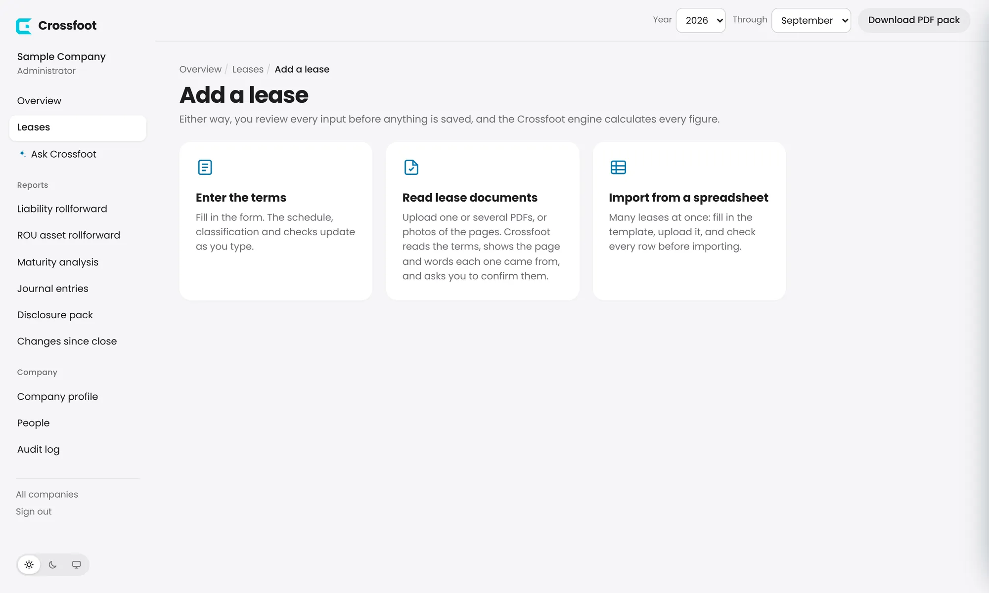 Three ways to add a lease. Whichever you choose, you review every input before anything is saved.
