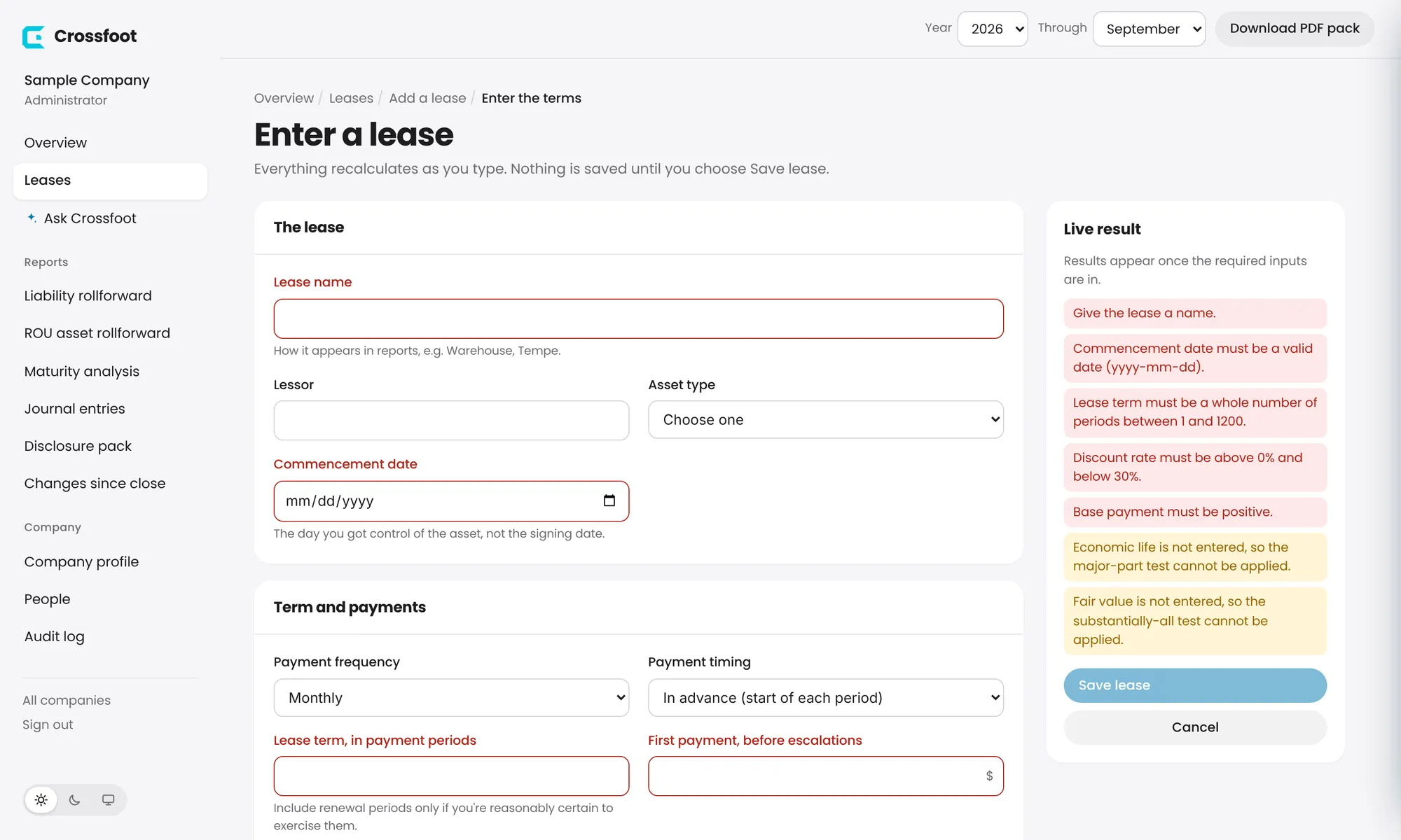 The lease form. Red notes in the Live result panel list what's still needed.