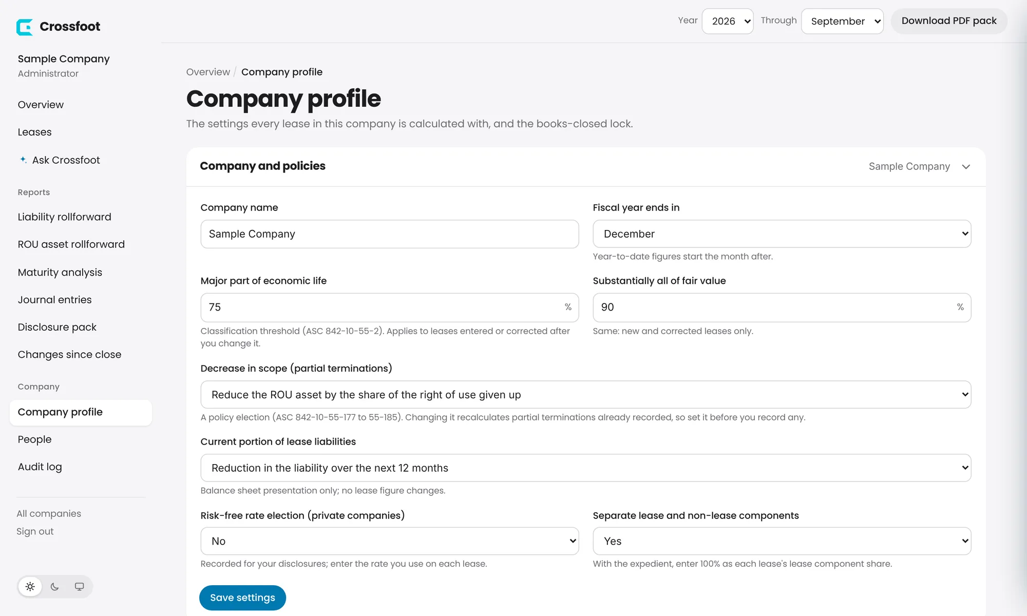 Company profile, with Company and policies open. Each section opens and closes; Crossfoot remembers which you left open.