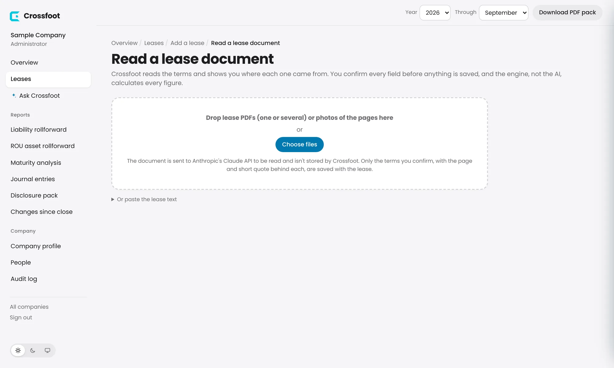 Drop one or several lease PDFs, or choose them from your computer.