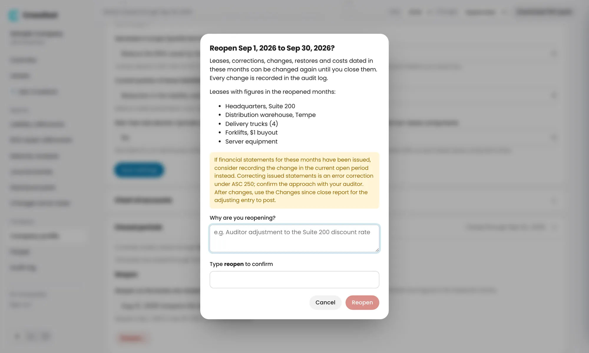 Reopening asks for a reason and reminds you about issued financial statements.