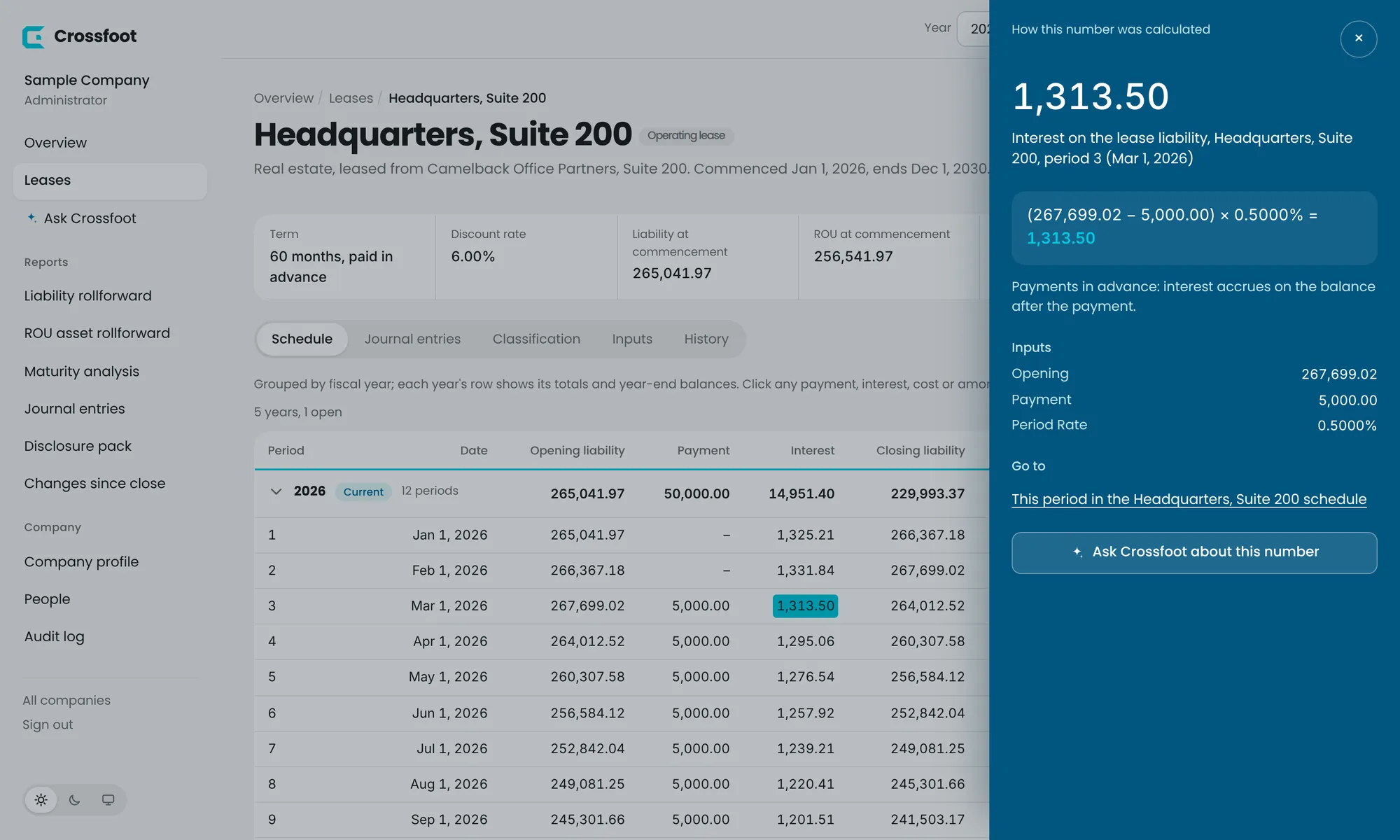 Clicking the March interest figure shows exactly how 1,313.50 was calculated.